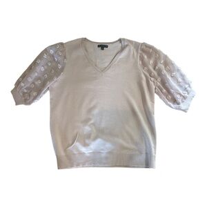 Adrianna Papell Pink Mixed Media V Neck Sweater Polka Dot Puff Sleeves Large